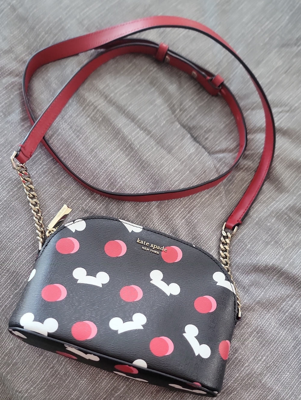 kate spade Black Crossbody Bag with Red and White Dot Print Mickey Minnie Print